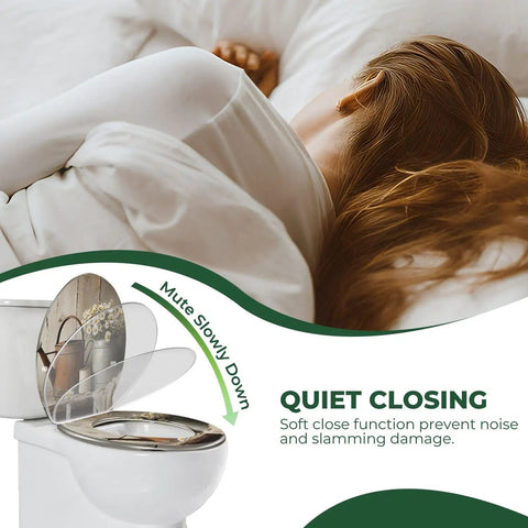 Elongated Toilet Seat Farmhouse with quiet closing feature demonstrated beside a serene sleeping person.