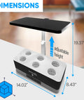 Indoor Hydroponic Herb Garden Kit With Height Adjustable LED Grow Lights No Green Thumb Required 6 Pods dimensions view