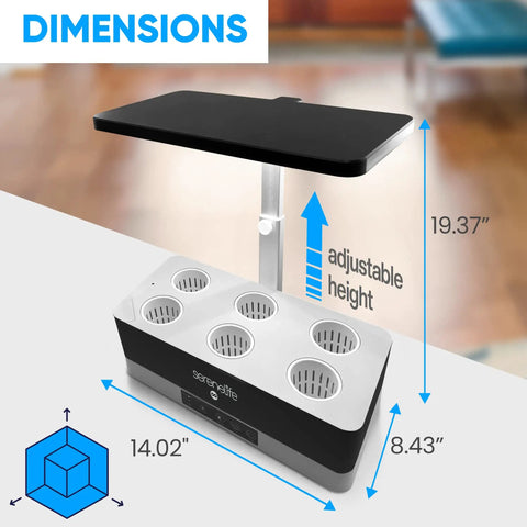 Indoor Hydroponic Herb Garden Kit With Height Adjustable LED Grow Lights No Green Thumb Required 6 Pods dimensions view