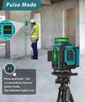 Green Laser Level Pro 4x360 Degree 4D Cross Line For Construction with pulse mode and remote control, in use on construction site.