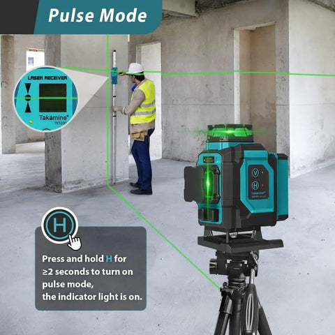 Green Laser Level Pro 4x360 Degree 4D Cross Line For Construction with pulse mode and remote control, in use on construction site.