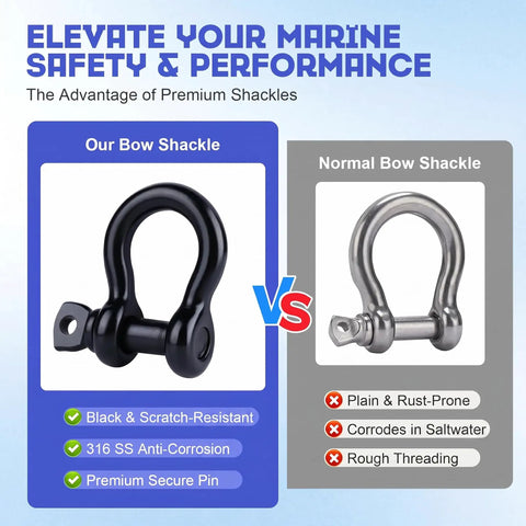 Premium 5/16 Inch Black 316 Stainless Steel Bow And Clevis Shackles D Ring Anchor Rigging Clasp For Sailboats comparison with normal shackles.