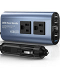Built Different Heavy Duty 300W Car Power Inverter Converts DC 12 Volt To 110 AC With 4 USB Ports QC3.0 Fast Charging dual AC outlets shown.