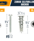 Zamak self-drilling anchor and screw with measurements for 50 Piece Drywall Anchors And Screws Kit With Spring Toggle Bolts