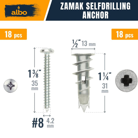 Zamak self-drilling anchor and screw with measurements for 50 Piece Drywall Anchors And Screws Kit With Spring Toggle Bolts