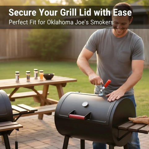 Man installing Lid Clamp Replacement For Longhorn And Highland Smokers, 1 Pack, Durable BBQ Accessory on a black grill
