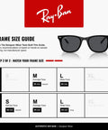 Ray-Ban frame size guide with Slim Square Sunglasses With Black Frame And Peaked Temples, Dark Grey Lenses, 65mm Fit chart.