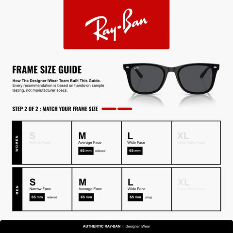 Ray-Ban frame size guide with Slim Square Sunglasses With Black Frame And Peaked Temples, Dark Grey Lenses, 65mm Fit chart.