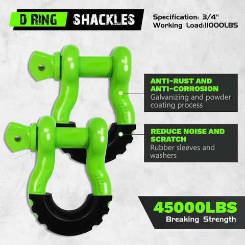 Offroad Recovery Kit With Snatch Block Pulley Ten Ton, Tree Saver Strap Three Inch By Eight Foot, And D Ring Shackles Three Quarter Inch, Winch Accessories For Cars, Trucks, SUVs, And ATVs, Heavy Duty Steel Gear For Rugged Trails, 3/4 inch D ring shackles