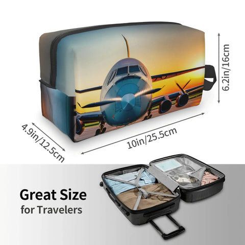 Aircraft at Sunsets Print Dopp Kit Travel Cosmetic Bag for Makeup and Toiletries with suitcase showing interior compartments