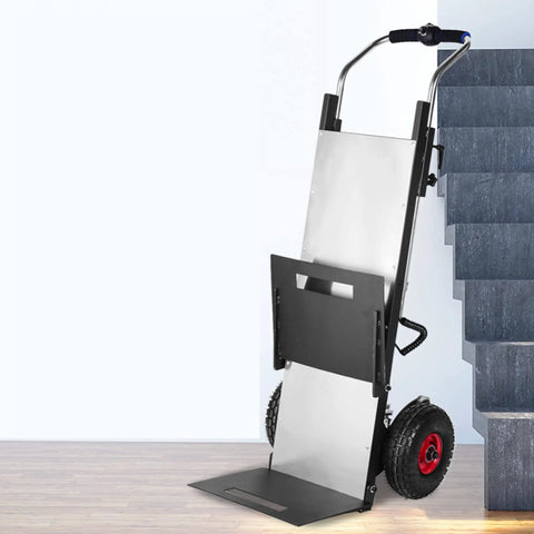 Super Slick Electric Stair Climber Cart That Folds Like A Champ With Massive Battery Life To Haul Heavy Cement Or Sand Up Stairs Without Breaking A Sweat At 550 Pounds Capacity Plus Smooth Motorized Grip For Any Tough Job, showing the cart near stairs.