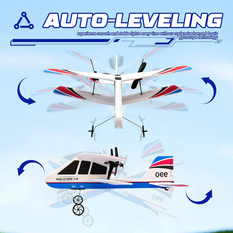 Easy To Fly RC Plane For Beginners And Kids Ages 8 To 12 And Adults With 6 Axis Gyro Stabilization Remote Control Airplane Outdoor Glider showing auto-leveling gyroscope feature.