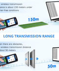 Wireless 1D Barcode Scanner Handheld Portable Inventory Scanner with 2.8 Inch LCD screen showing 150m range graphic