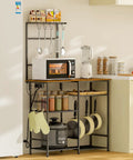 Baker's Rack With Power Outlet For Kitchen Organization No Brainer, with microwave, blender, and organized shelves, rustic brown