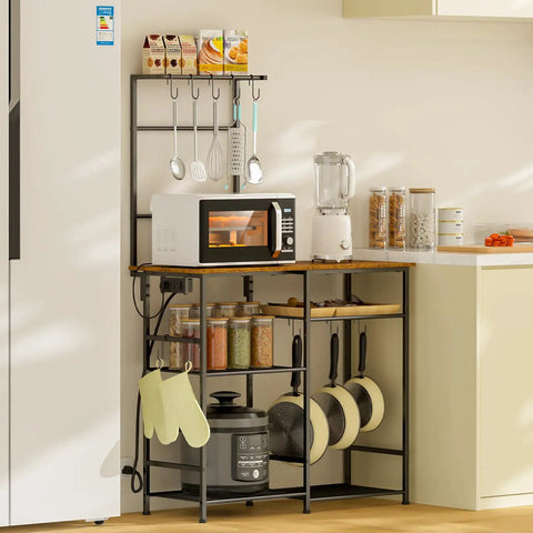 Baker's Rack With Power Outlet For Kitchen Organization No Brainer, with microwave, blender, and organized shelves, rustic brown