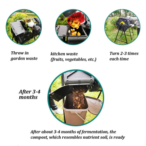 Four Chamber Rotating Compost Bin With Independent Drum Design Metal Frame And PE Shell 74 Gallon Capacity Sliding Doors in use.