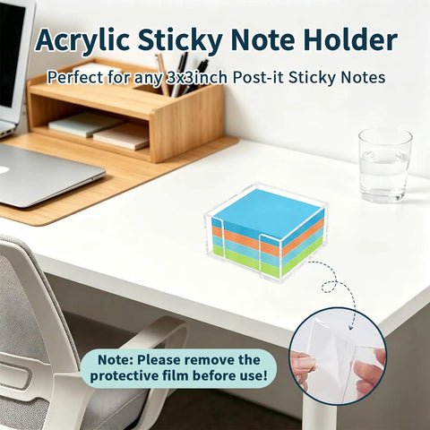 Two Pack Acrylic Sticky Note Holder Set with Scalloped and Straight Edge Design 3x3 Inch Clear Notepad Dispenser on desk.