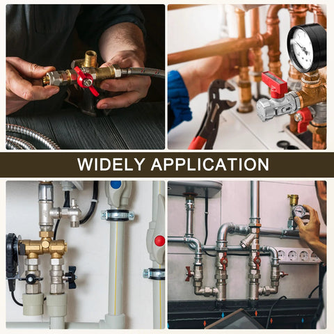Brass pipe fittings collage with compression adapters and red-handled valve for 3/16 in. pipe; home plumbing
