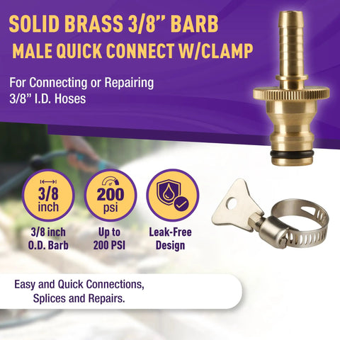 Solid brass 3/8 inch barb male quick connect with clamp for Easy Connect Garden Hose Repair Kit With Barbs And Integrated Male Quick Connector, Includes Hose Clamps, Perfect For Splicing Damaged Hoses Or Joining Hoses With Quick Connect Fittings.