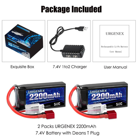 Package with 7.4V 2200mAh LiPo Battery With 50C Burst 80C High Discharge For RC Cars, Deans T Plug, USB charger, and manual