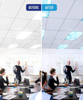 Before and after using Magnetic Fluorescent Light Covers For Ceiling Lights 5 Pack Sky Blue Cloud Filters Easy Install Reduces Glare Headaches And Eyestrain In Classrooms And Offices, comparing lighting effects in a classroom setting.