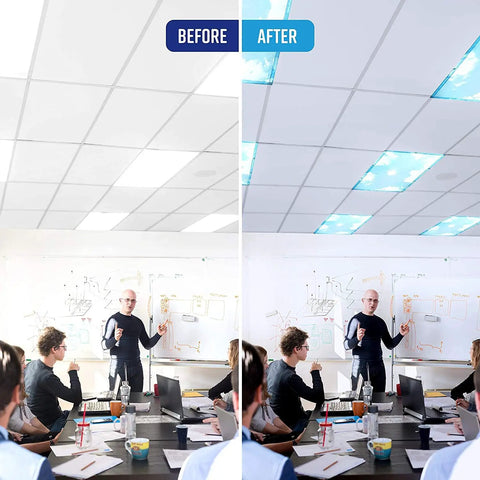 Before and after using Magnetic Fluorescent Light Covers For Ceiling Lights 5 Pack Sky Blue Cloud Filters Easy Install Reduces Glare Headaches And Eyestrain In Classrooms And Offices, comparing lighting effects in a classroom setting.