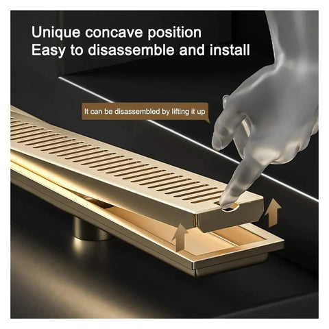 Game Changing Stainless Steel Shower Floor Drain And Hair Catcher Strainer No Sweat Quick Setup Bathroom Drainage Grate With Easy Pull Trays For Zero Hassle Cleaning In Classic Gun Gray 60CM Length shown with unique concave disassembly feature.