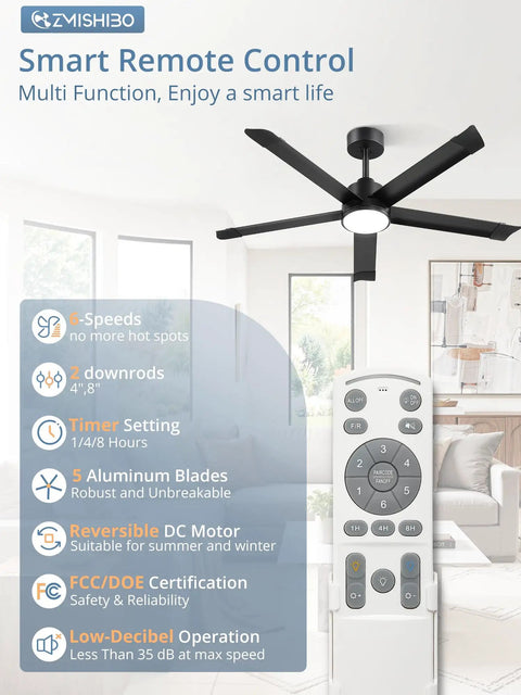ZMISHIBO 52 Inch Ceiling Fans with Lights showcasing smart remote control and five aluminum blades for dynamic airflow.