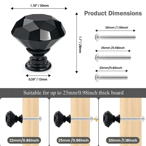 Dimensions of Six Black Diamond Crystal Glass Cabinet Knobs 30mm Set for Dressers and Cabinets with screw sizes 22-30mm.