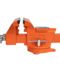 Side view of Heavy-Duty 6-Inch Bench Vise With Swivel Base in orange cast iron, showcasing 6 inch jaws and 3 inch throat depth for workshop use.