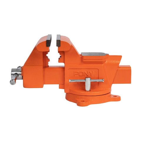 Side view of Heavy-Duty 6-Inch Bench Vise With Swivel Base in orange cast iron, showcasing 6 inch jaws and 3 inch throat depth for workshop use.