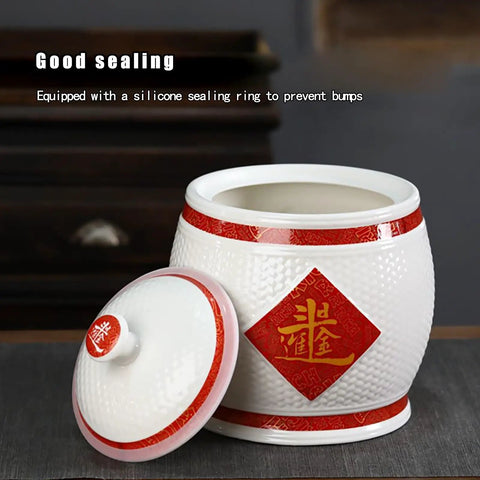 Gotta Love This Hella Spacious Ceramic Rice Crock Hits Different Chinese Style Porcelain Storage Jar Top Shelf Kitchen Bin For Bulk Grains Coffee Beans Snacks Tea Flour Silicone Seal 15kg with lid and sealing ring.