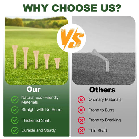 150 Count Wooden Golf Tees Two And Three Quarters Inch Biodegradable Bamboo Tees Natural Color Stable And Reliable shown against standard tees