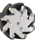 Close-up of 48mm Mecanum wheels for robots with steel body and TPR rollers, ideal for omnidirectional movement and tight spaces.