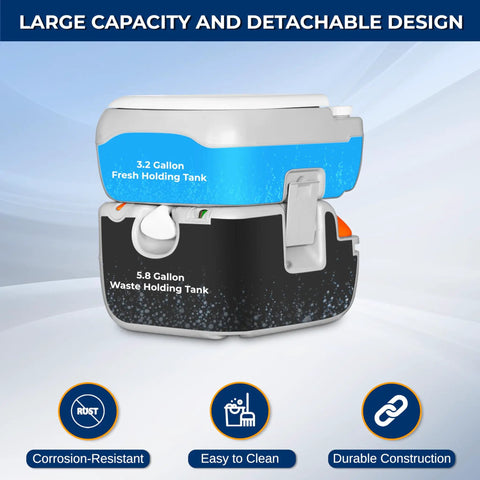 5.8 Gallon Portable Camp Toilet For Adults with detachable waste tank, level indicator, carry bag, and splash-free pour spout