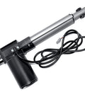 12V Linear Actuator With 12 Inch Stroke And 200 Lbs Of Thrust Low Current DC Motor, side view with wiring and mounting components visible.
