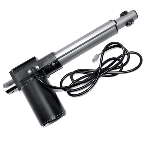 12V Linear Actuator With 12 Inch Stroke And 200 Lbs Of Thrust Low Current DC Motor, side view with wiring and mounting components visible.
