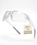 Built Tough Unisex Safety Glasses With No Sweat Anti Fog Lens And Z87 Plus High Impact Rating For Real Deal Eye Protection On Any Rough Work Site Today, clear frame with ANSI Z87+ tag.