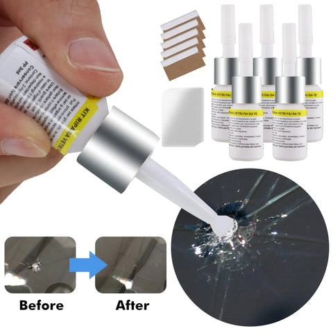 5 Pack Windshield Chip Repair Kit Quick Fix With Glass Repair Resin Liquid For Auto Glass in use on cracked windshield