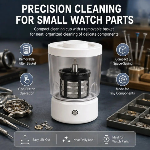 Premium Watch Cleaning Machine And Parts Dryer With 360 Degree Ultrasonic Tech, compact cleaning cup for small watch parts.