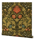 Fresh Retro Botanical Wallpaper With Dope Blue And Gold Metallic Finish Eco Friendly Top Shelf Type I Wallcovering floral design on dark background.