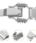 Solid 4pc Iron Spring Toggle Latch Clamps With Buckles For Toolboxes And Cabinets Super Durable Heavy Duty Holders close-up view of silver iron spring toggle latch mechanism