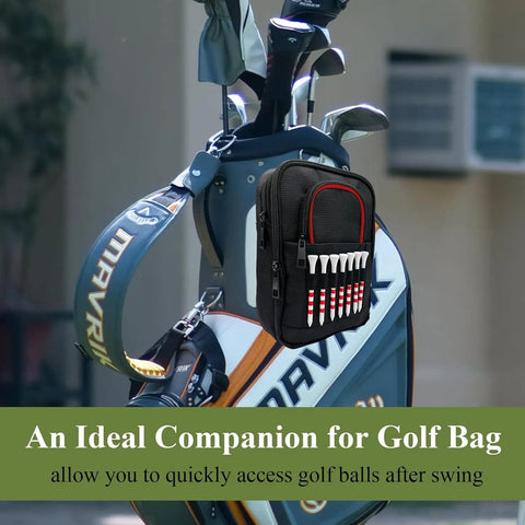 Ultimate Golf Valuables Pouch and Ball Bag attached to golf bag, showing multiple pockets holding tees.