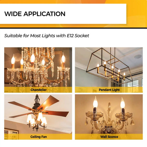 Soft Warm White E12 LED Candle Bulbs 90 Plus CRI Dimmable Flame Tip CA10 Chandelier Bulbs 4W 450 Lumens 2700K 40W Equivalent UL Listed Pack Of 6 Energy Efficient Great For Any Room Or Dining Area in various light fixtures.