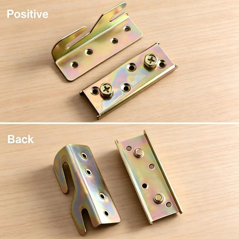Heavy Duty Bed Rail Brackets With Mounting Screws Built Tough Rock Solid Galvanized Steel Hardware Bed Frame Repair Kit in multiple angles.