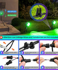 15W RGBW Low Voltage Outdoor Landscape Lights Kit With Remote showing installation steps and illuminated garden path