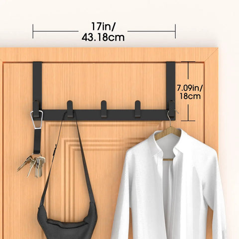 Over The Door Coat Rack And Hooks Heavy Duty Organizer For Winter Gear Fits Doors Up To One And Three Quarter Inches No Drill Easy Install Black L7U holding keys and white shirt