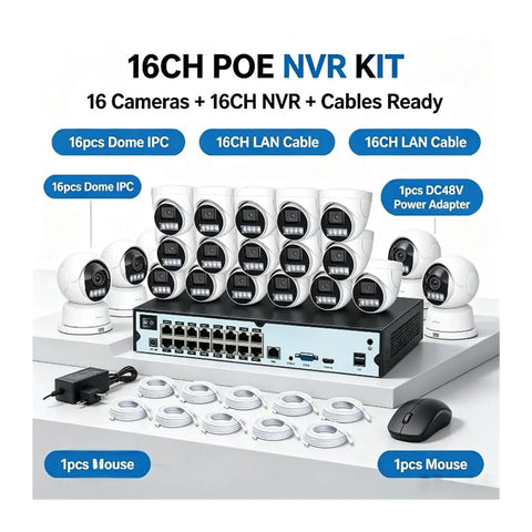 16CH 4K PoE NVR Security Dome Camera System 8Mp full kit including cameras, cables, and power adapter on display.