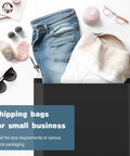 Jeans and sweater placed on black poly mailer with text overlay 'Shipping bags for small business.'