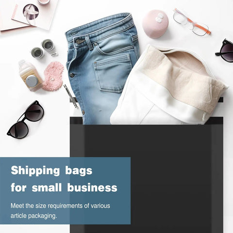 Jeans and sweater placed on black poly mailer with text overlay 'Shipping bags for small business.'